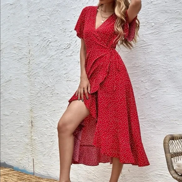 Boho plus size red polka dot ruffle hem size tie midi dress